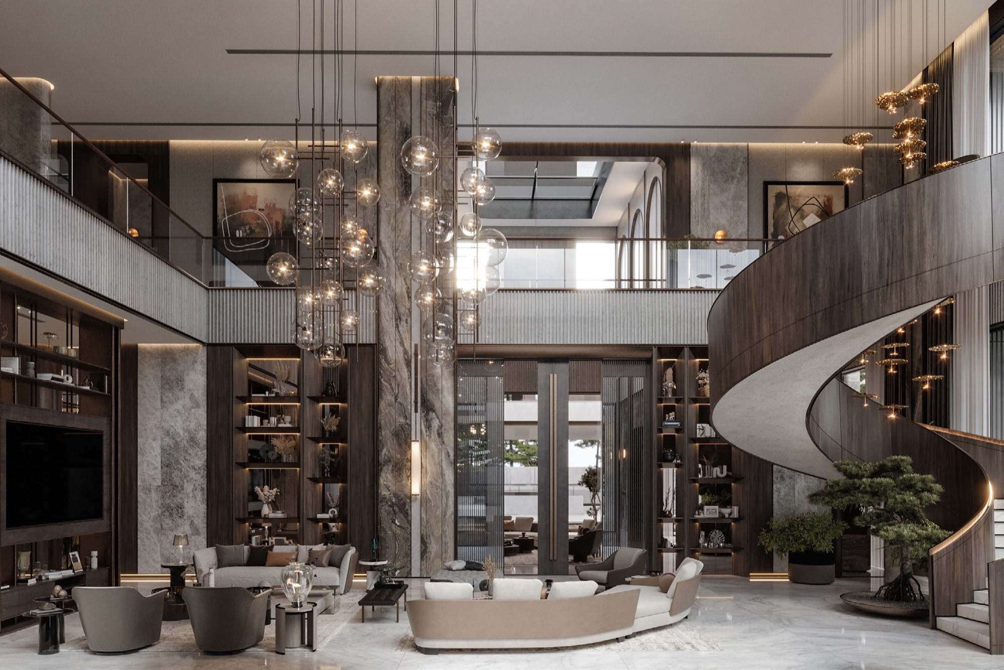 AK Residence — Render — the living hall — stair, library wall and the gallery above