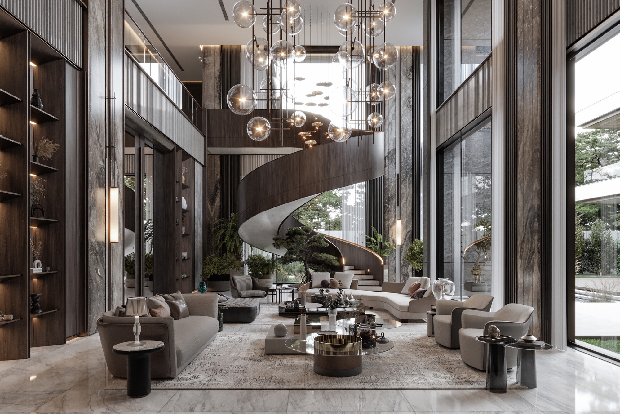 AK Residence — Render — the double-height hall from the family lounge