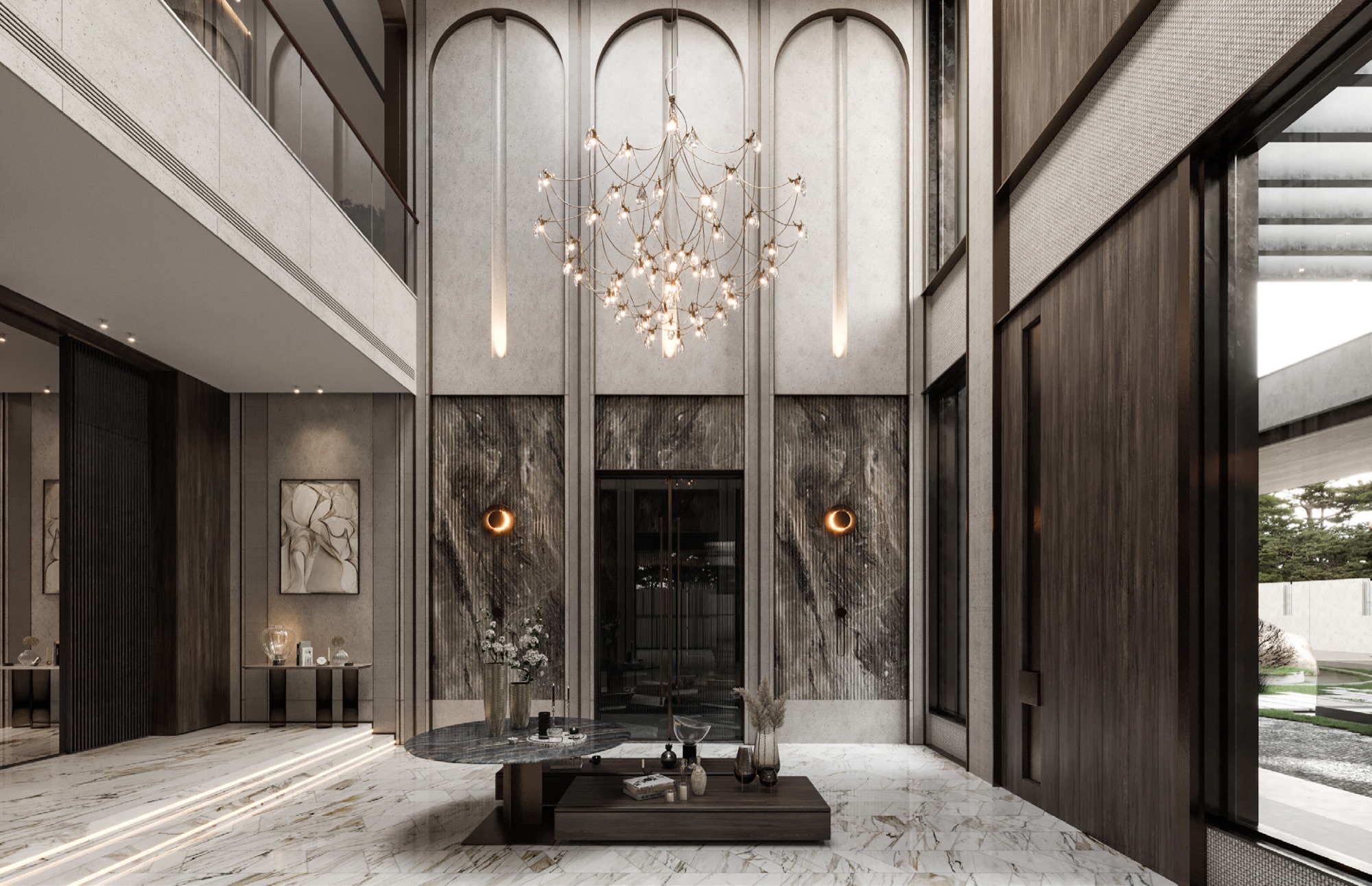 AK Residence — Render — entrance hall — arched openings, chandelier and the view through