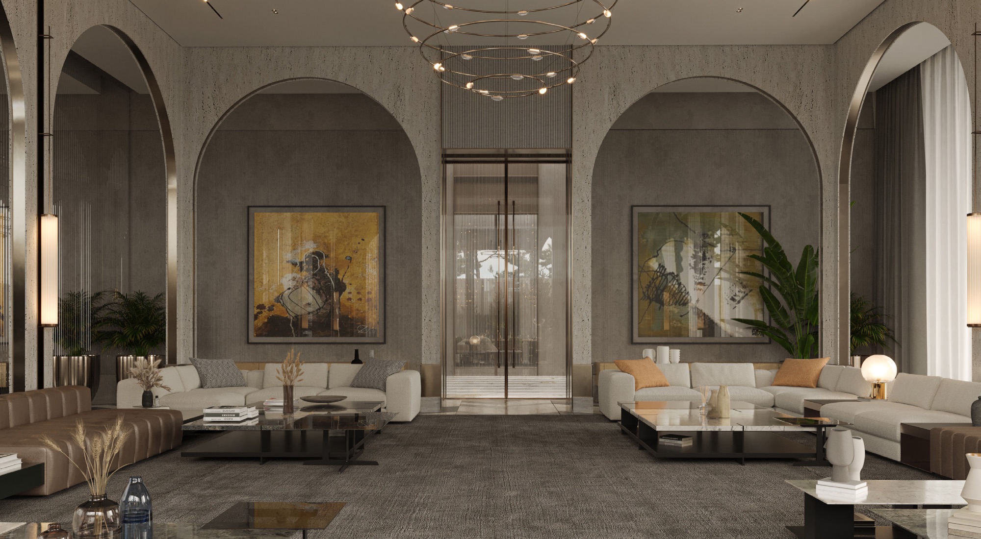 AK Residence — Render — formal living — arches and sheer drapery
