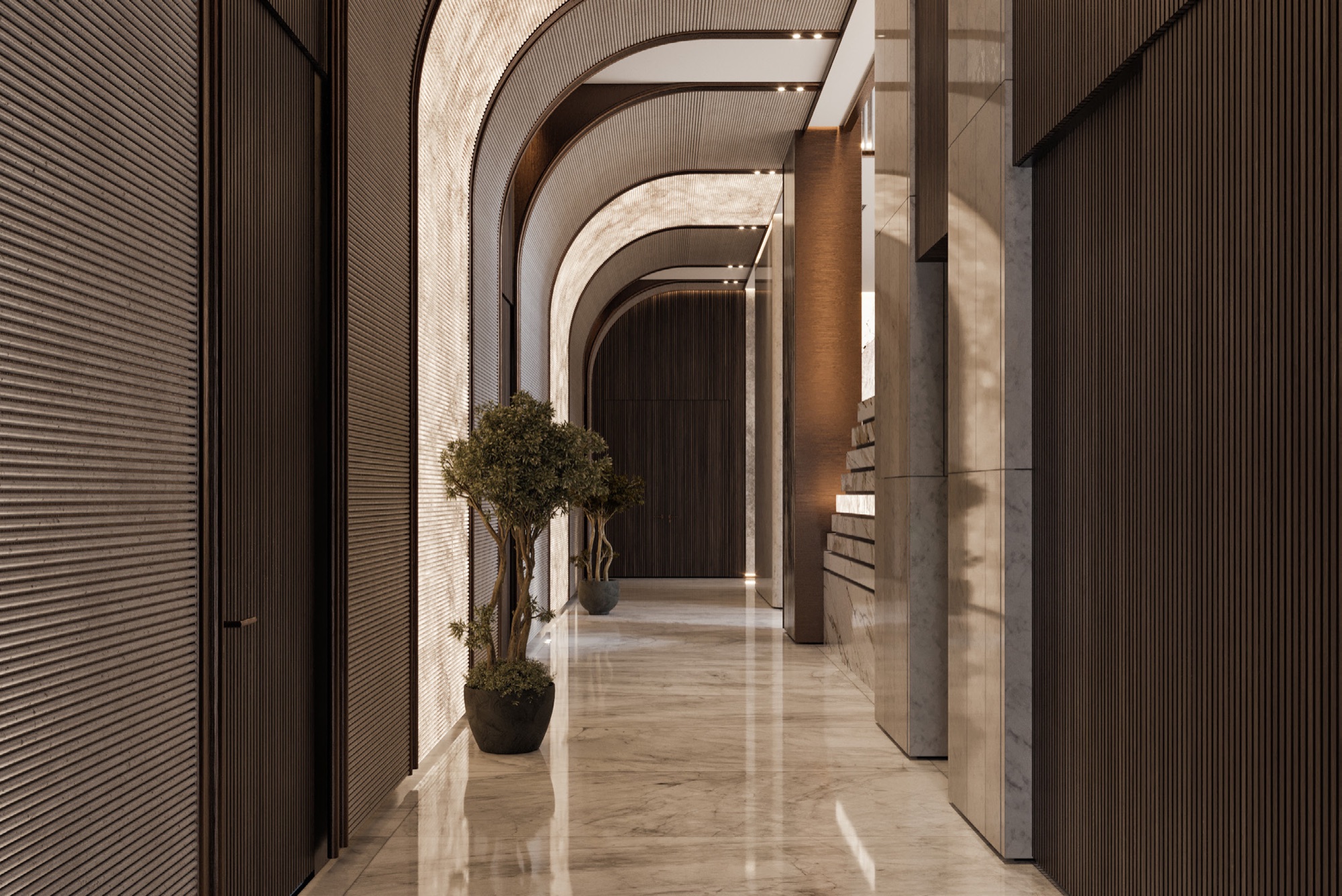 AK Residence — Render — dining room within the stepped garden hall