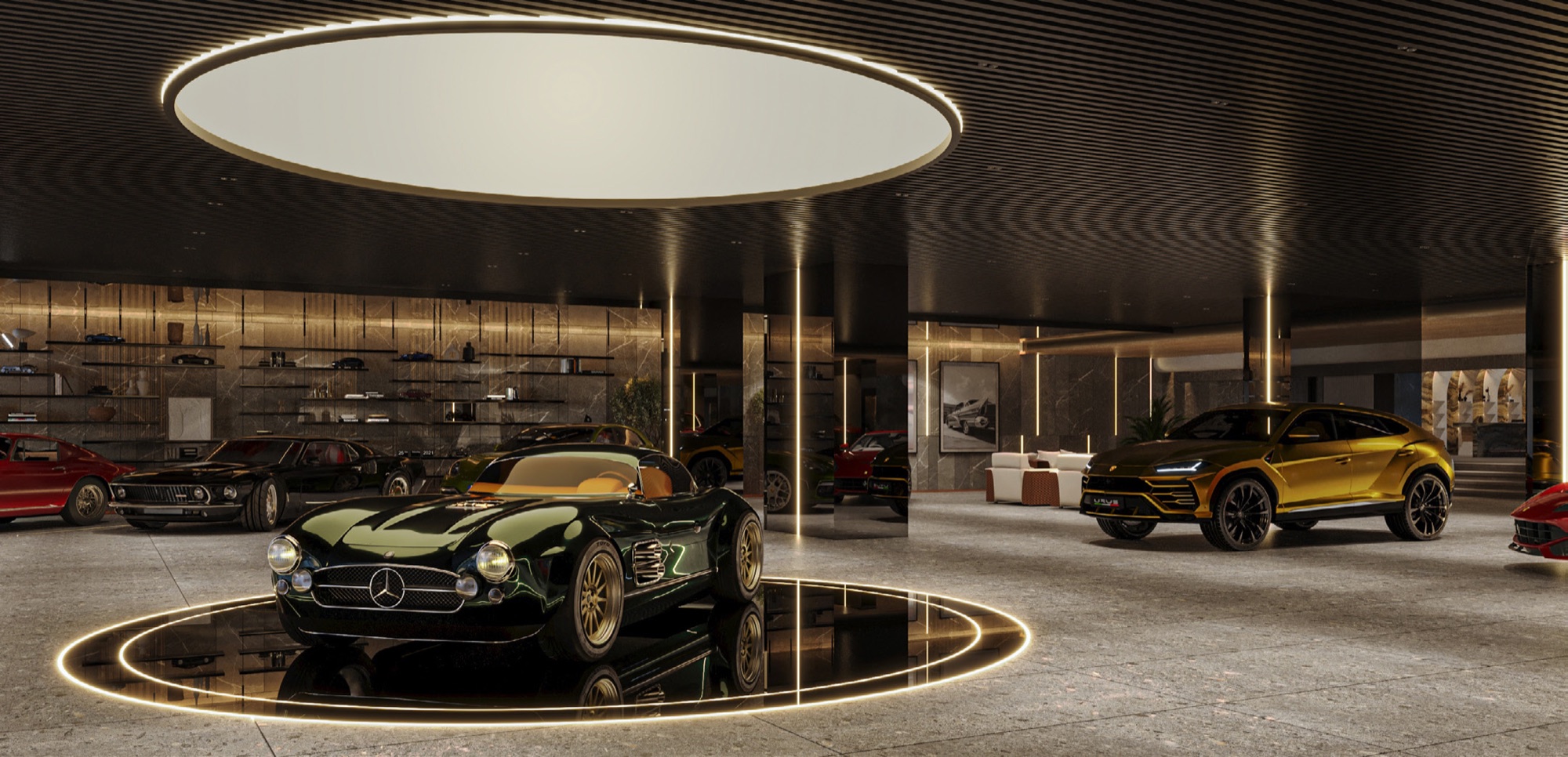 AK Residence — Render — the garage as a showroom for the owner's collection