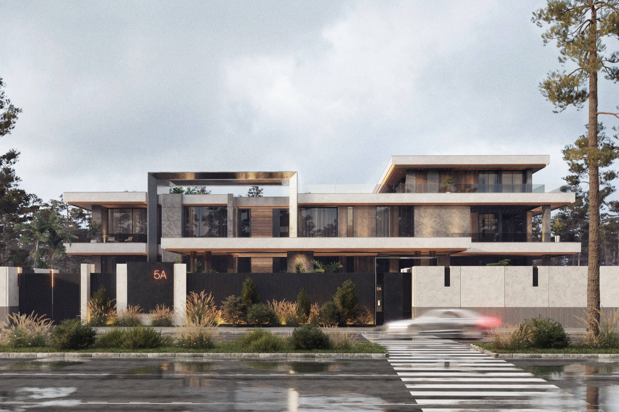 AK Residence — Render — street elevation — the long horizontal planes over the boundary wall