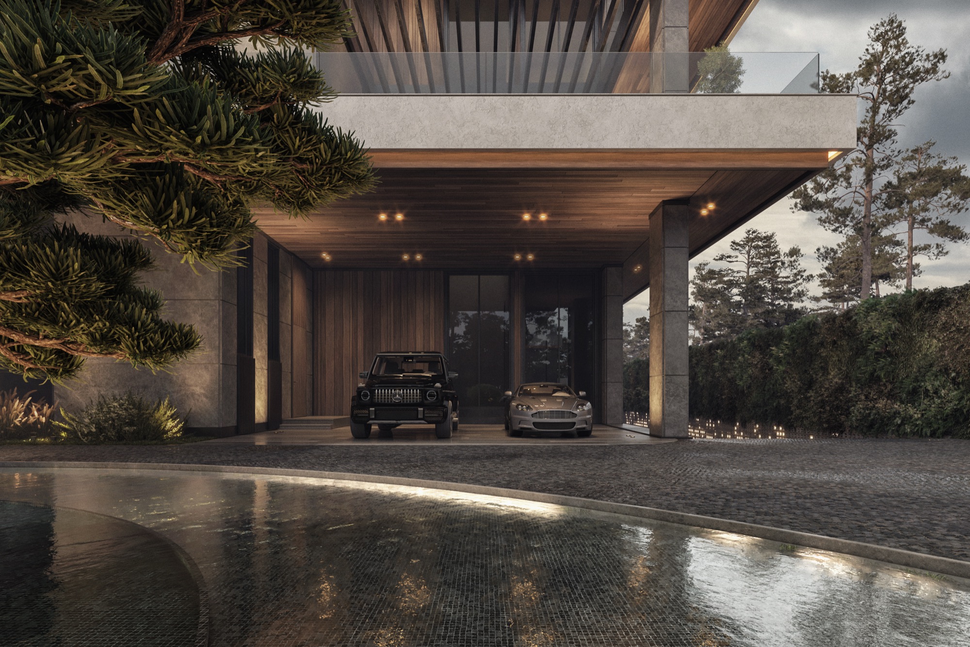 AK Residence — Render — entrance court under the cantilever