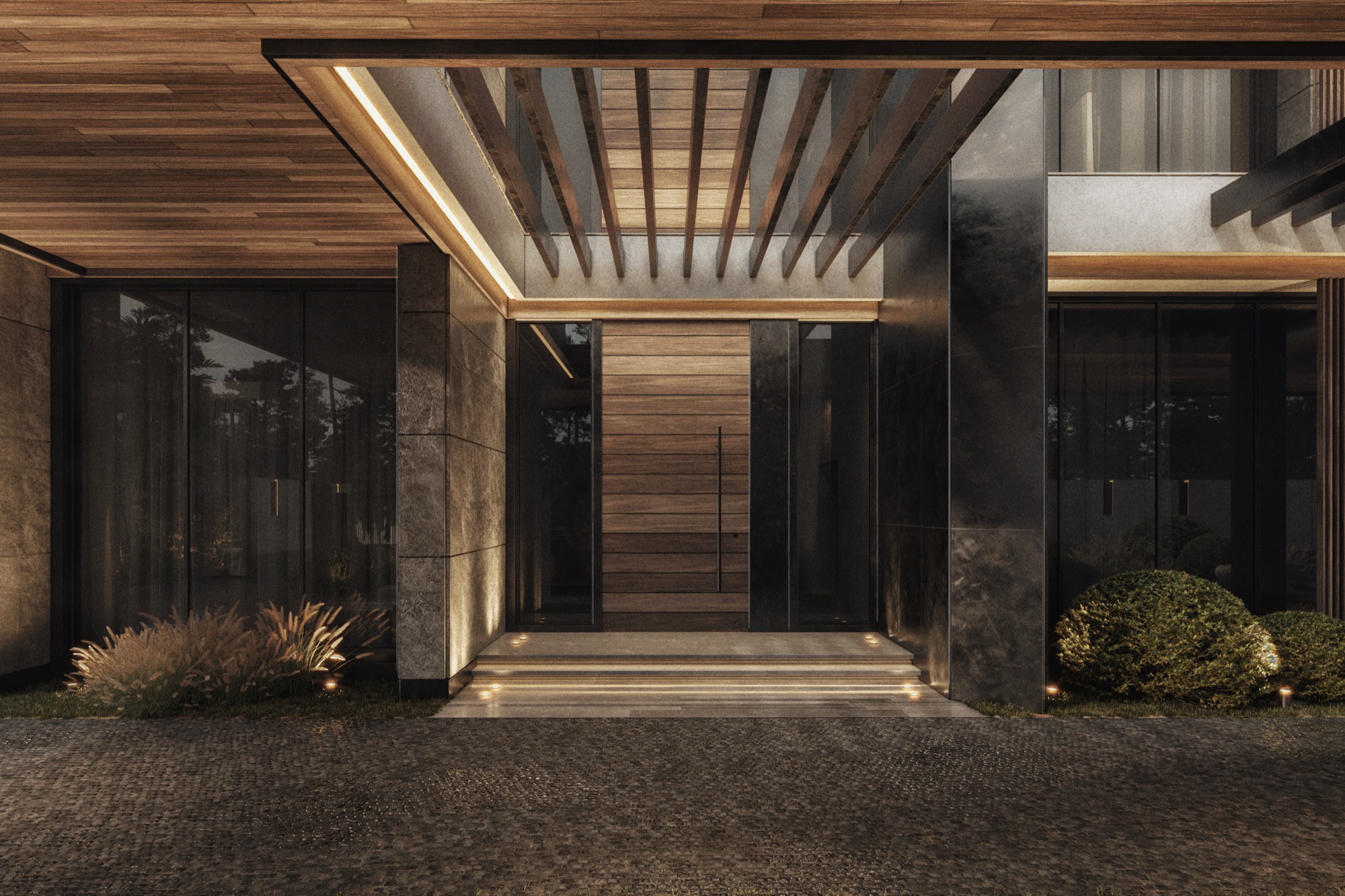 AK Residence — Render — entrance portal in timber and stone