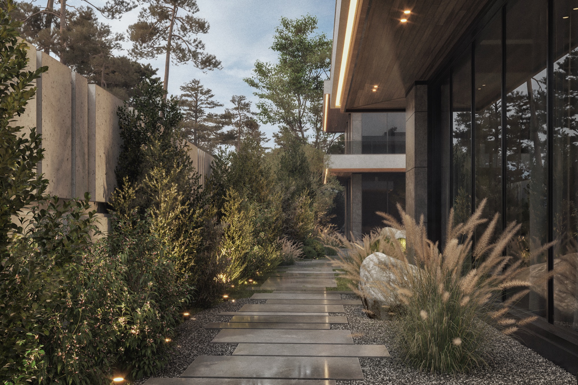 AK Residence — Render — garden path along the glazed wing