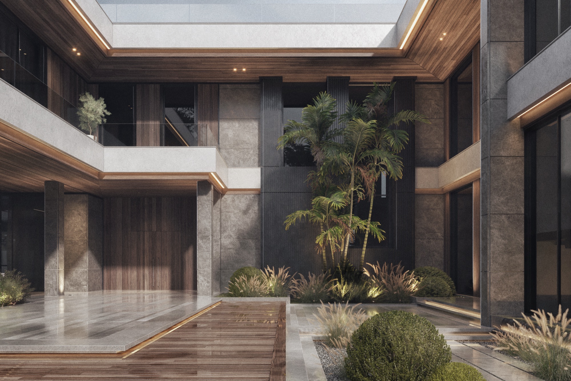 AK Residence — Render — the central courtyard — rooms opening onto it