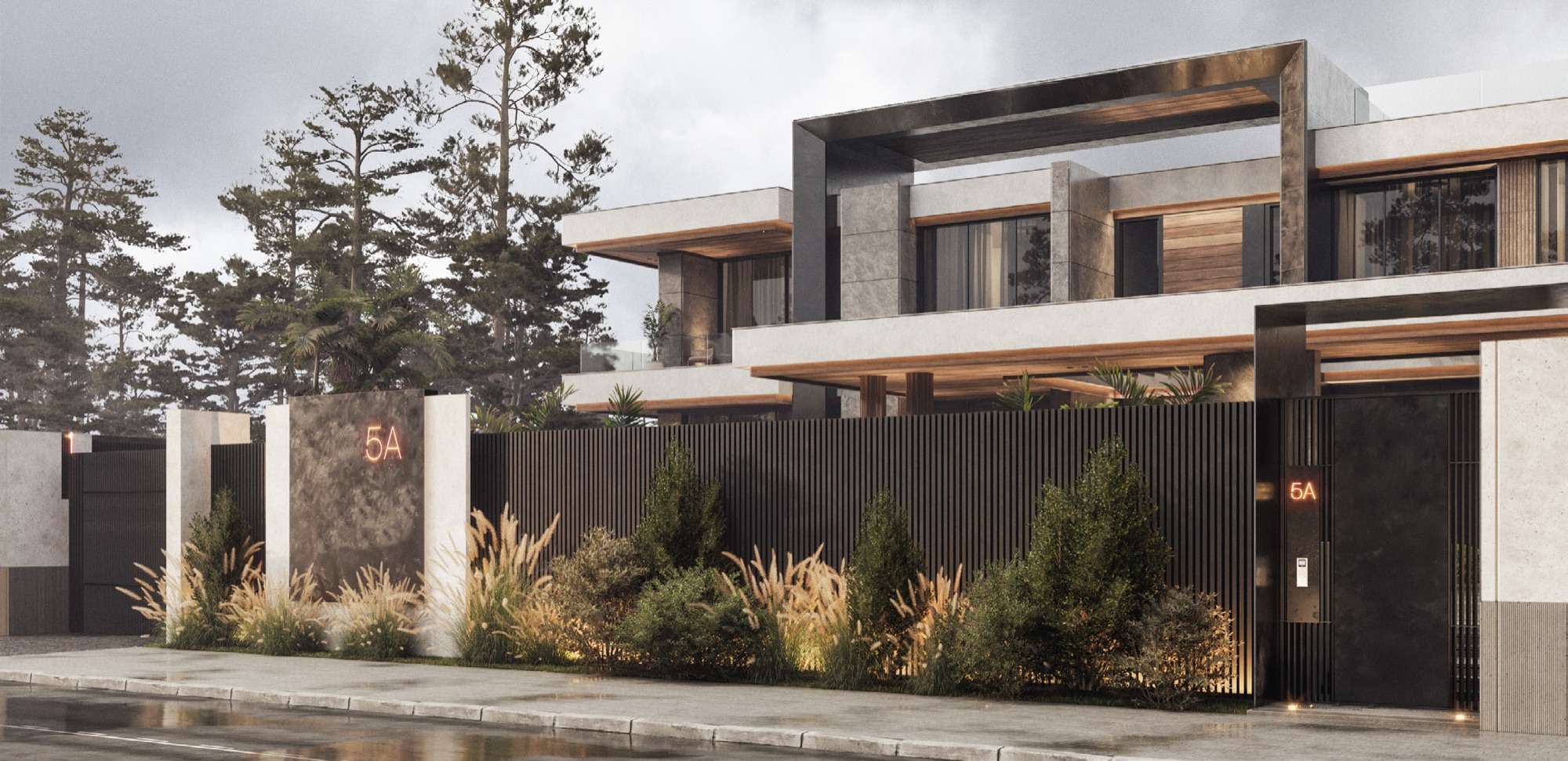 AK Residence — Render — street front with the gate and screened forecourt