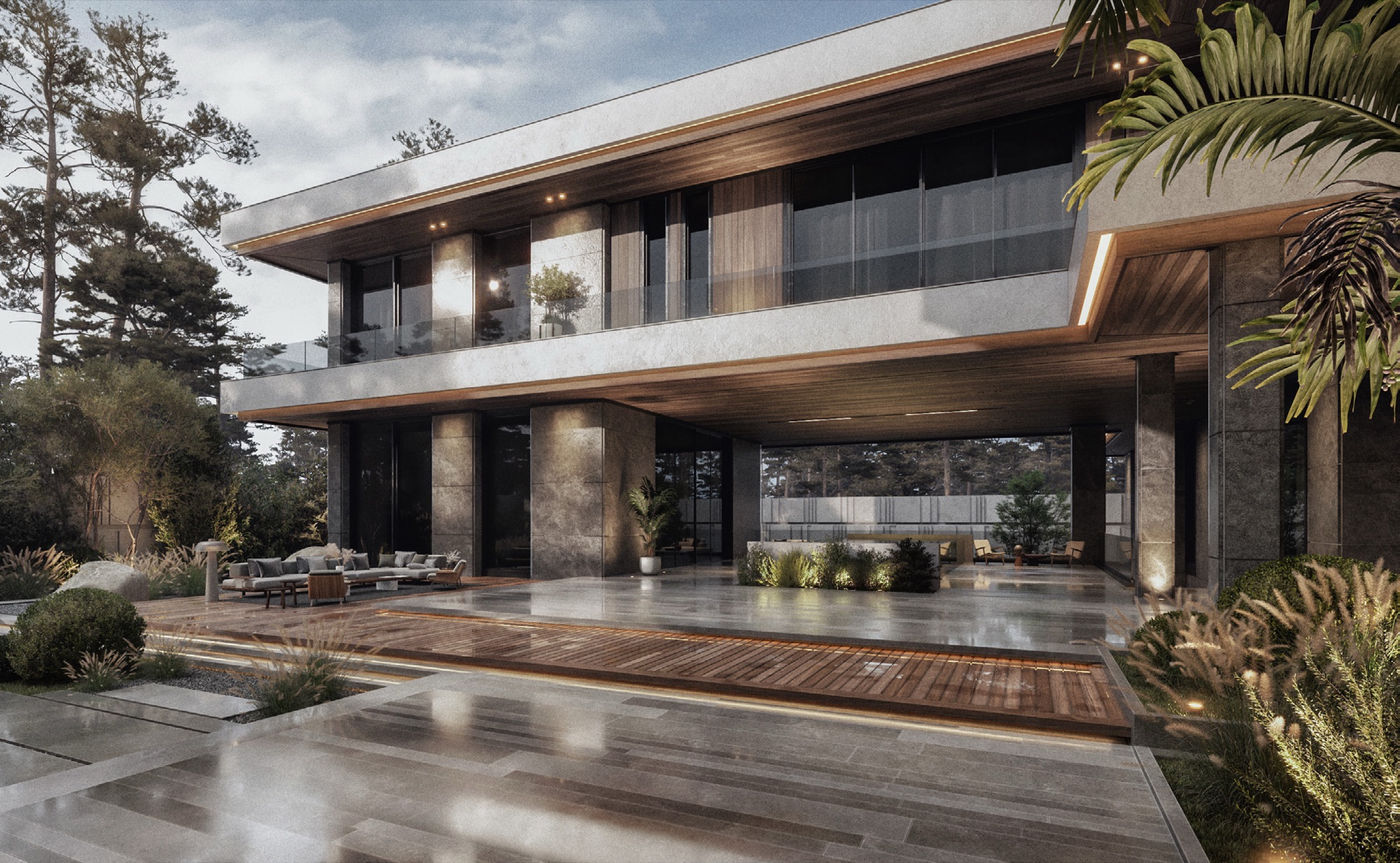 AK Residence — Render — pool terrace under the cantilevered living floor