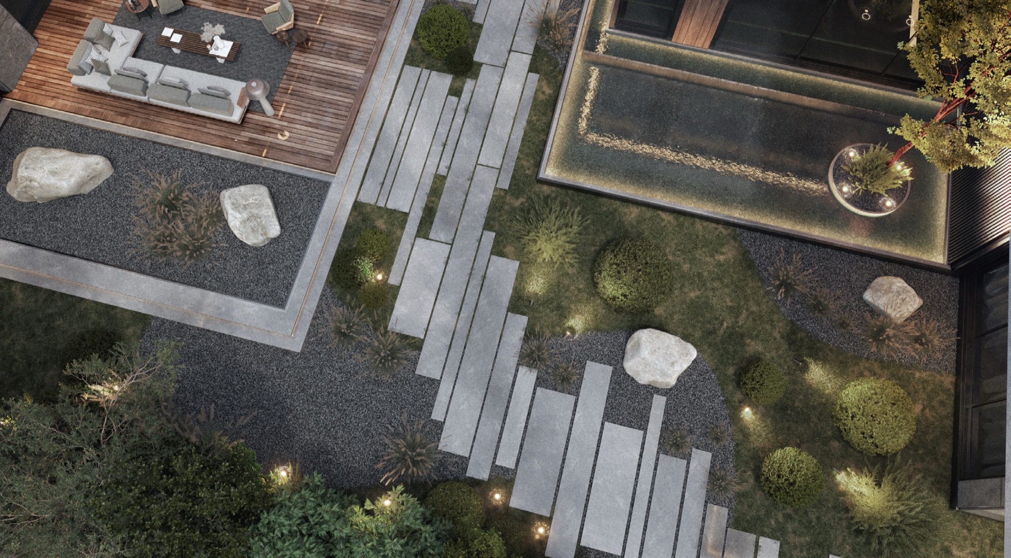 AK Residence — Render — Aerial of the garden court and pool