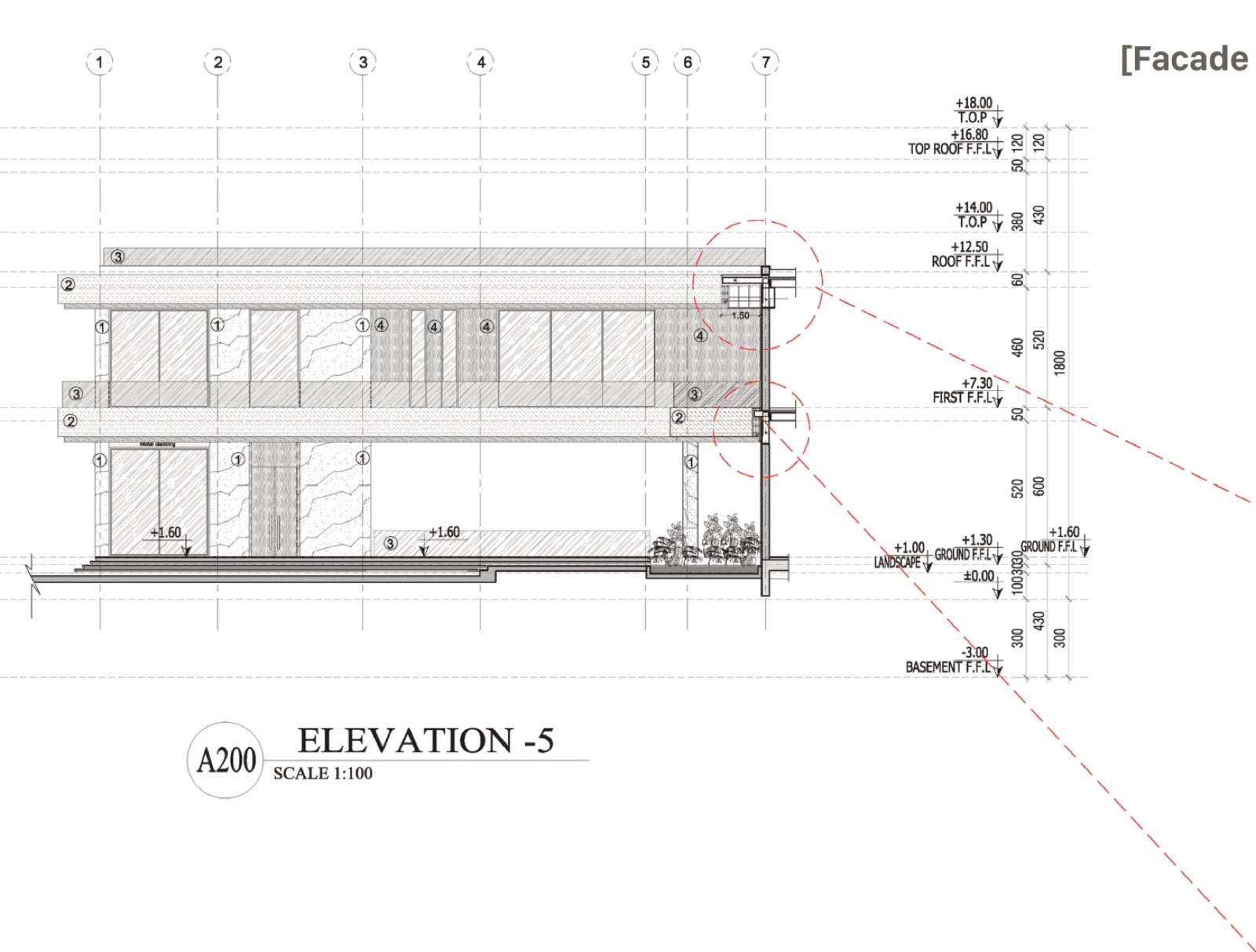 AK Residence — Elevation with finishing materials — stone cladding, light paint, HPL wood, timber louvres, dark marble