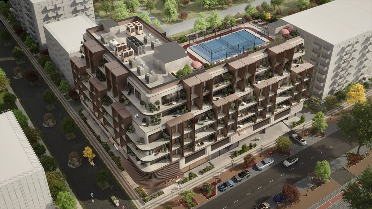 Almaan 101 — Shared recreation occupies the roof, extending the programme beyond the apartment floors.