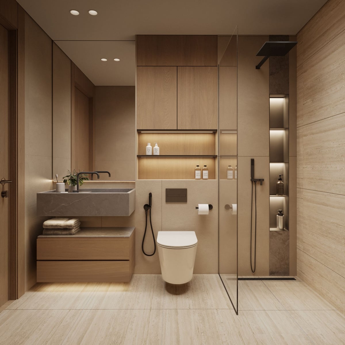 Almaan 101 — Recessed storage and a continuous vanity bring order to the compact bathroom.