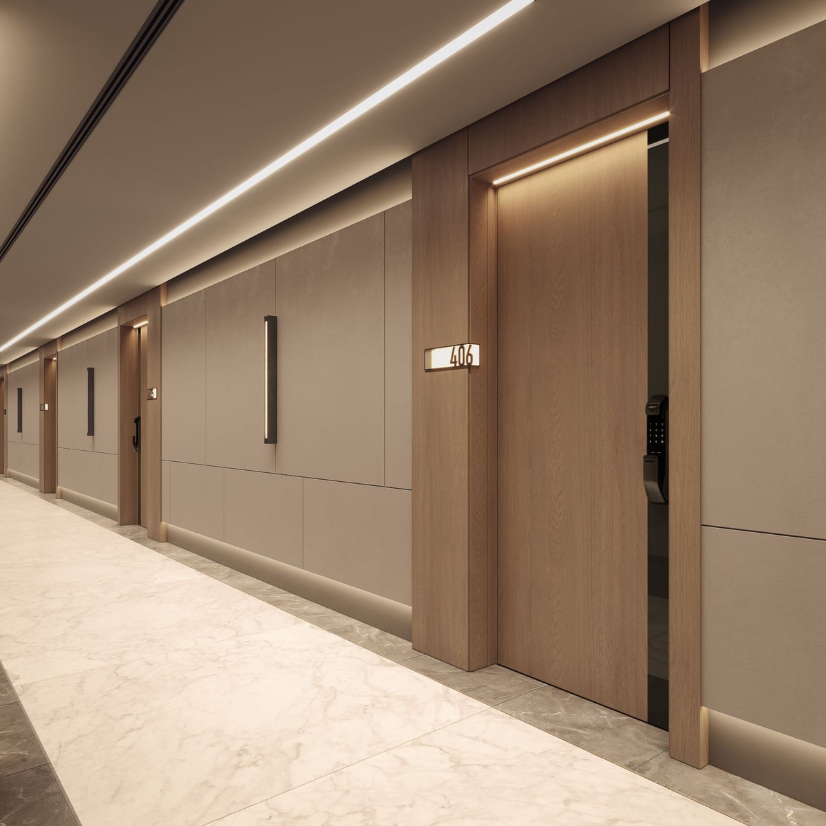 Almaan 101 — A continuous ceiling light connects the apartment entrances along the corridor.