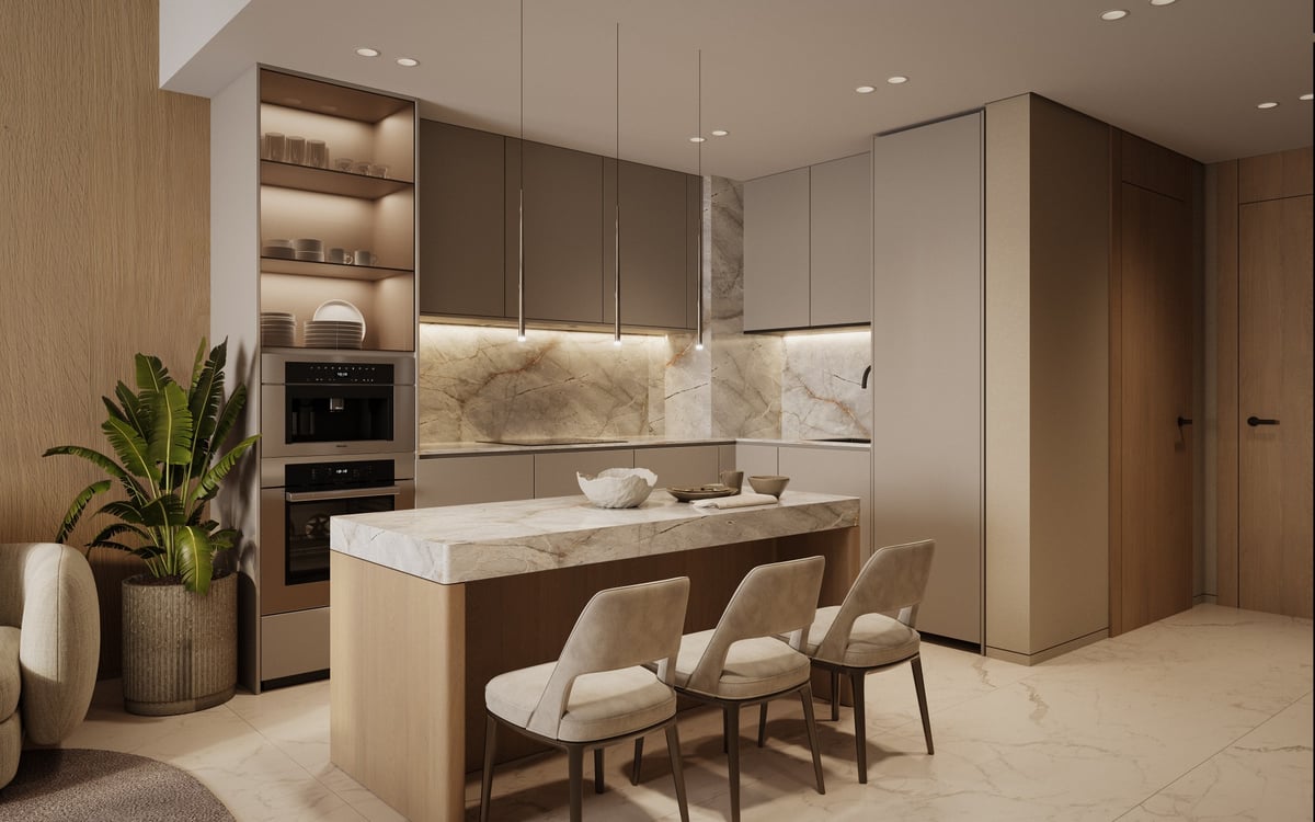 Almaan 101 — The kitchen counter doubles as a dining surface, avoiding a separate table in the circulation space.