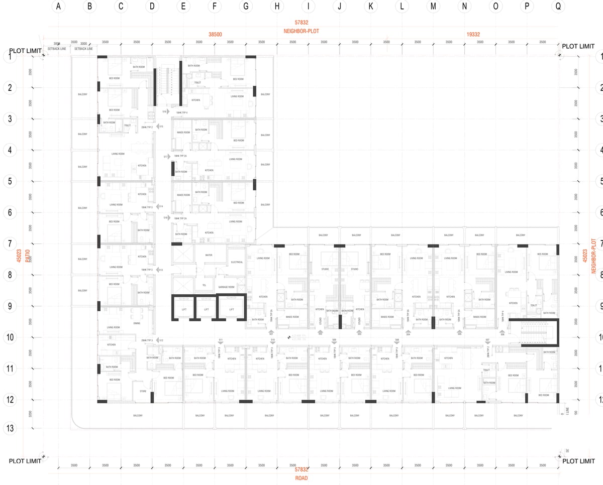 Almaan 101 — Fifth floor — the apartment plan follows the setbacks of the upper façade.