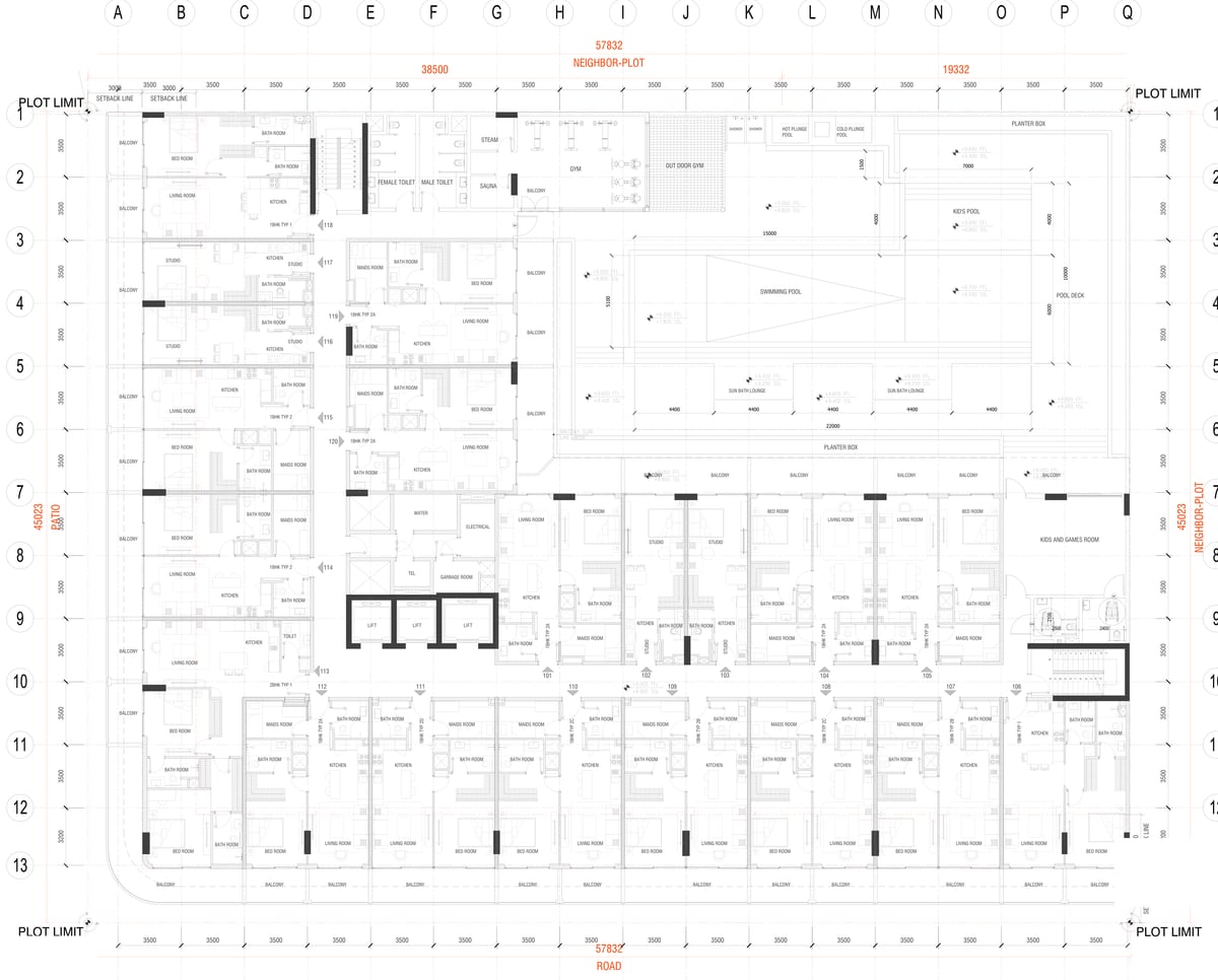 Almaan 101 — First floor — apartments wrap around the shared pool deck and wellness facilities.