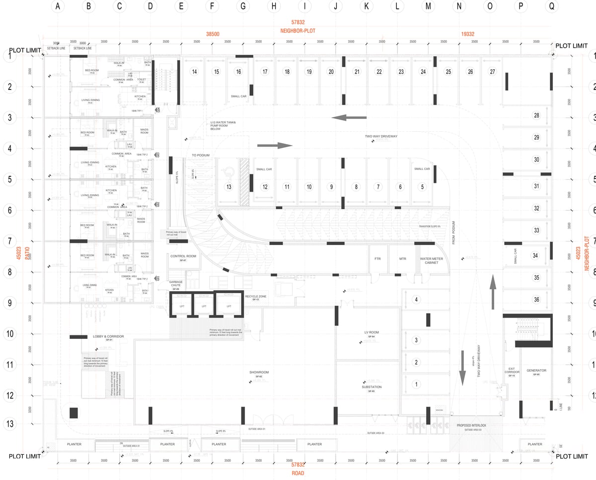 Almaan 101 — Ground floor — the lobby and retail frontage are coordinated with parking access and building services.