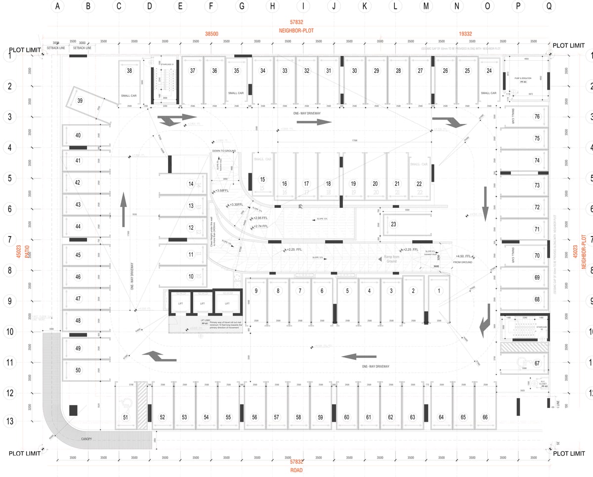 Almaan 101 — Podium — parking circulation is arranged around the cores and service spaces.