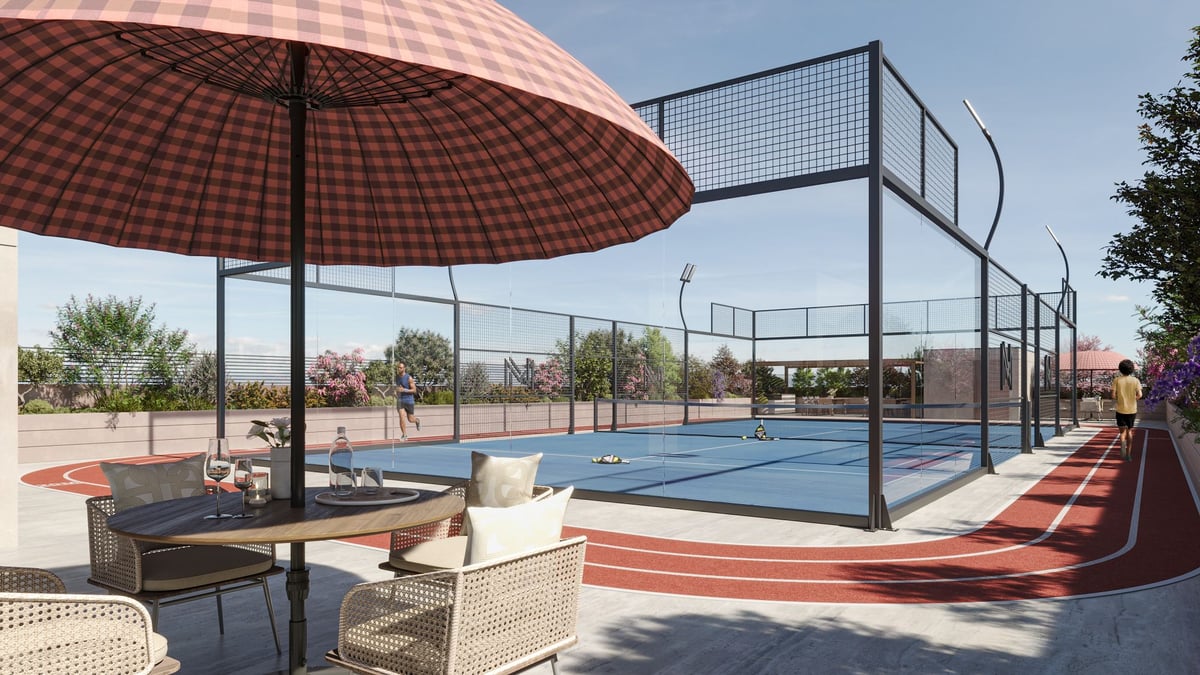 Almaan 101 — Padel and a place to sit share the rooftop, making room for spectators as well as players.