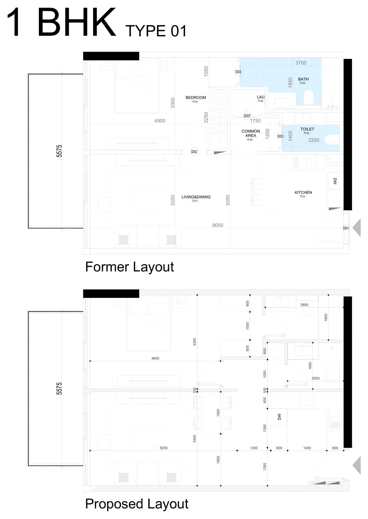 Almaan 101 — One-bedroom type 01 — the redesign reorganises the internal divisions within the apartment footprint.