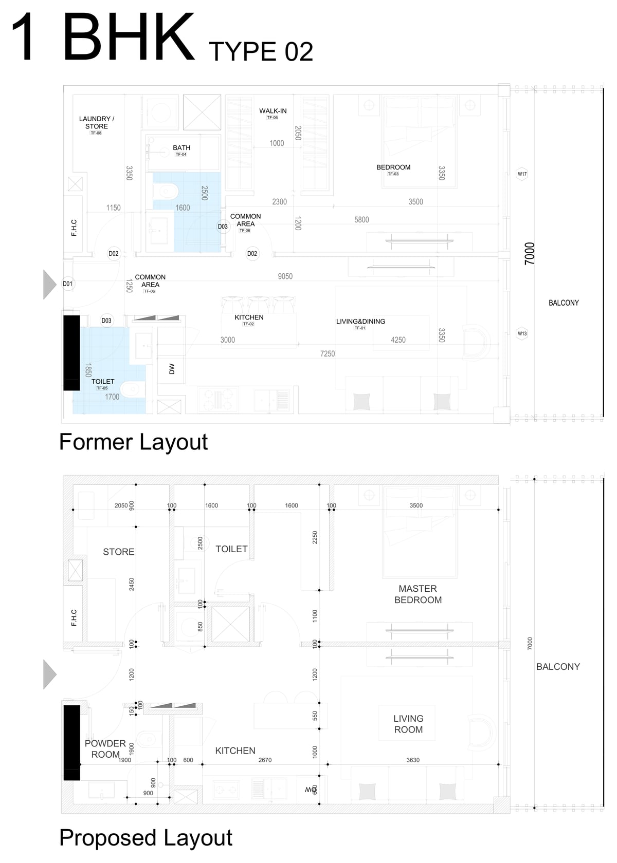 Almaan 101 — One-bedroom type 02 — former and proposed plans test a different arrangement of living and service spaces.
