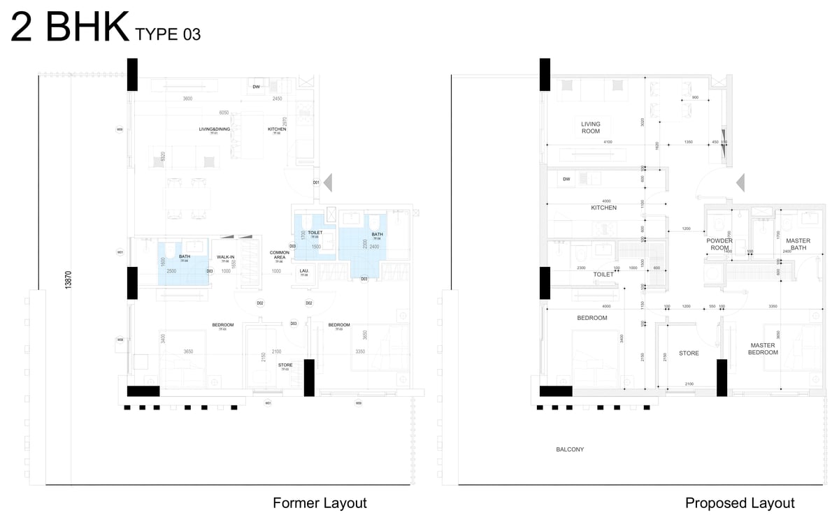 Almaan 101 — Two-bedroom corner unit — the revised plan coordinates the bedrooms and shared living area within the corner footprint.