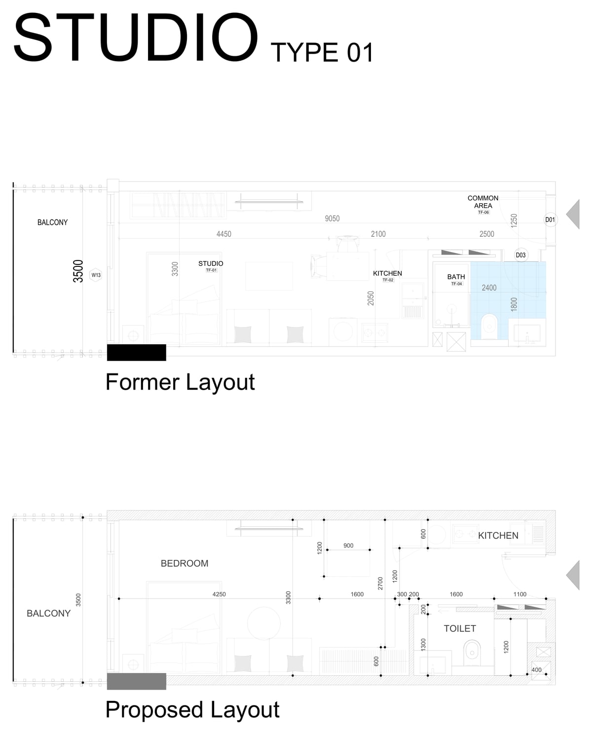 Almaan 101 — Studio comparison — the proposed layout reconsiders the balance of living space, services and circulation.