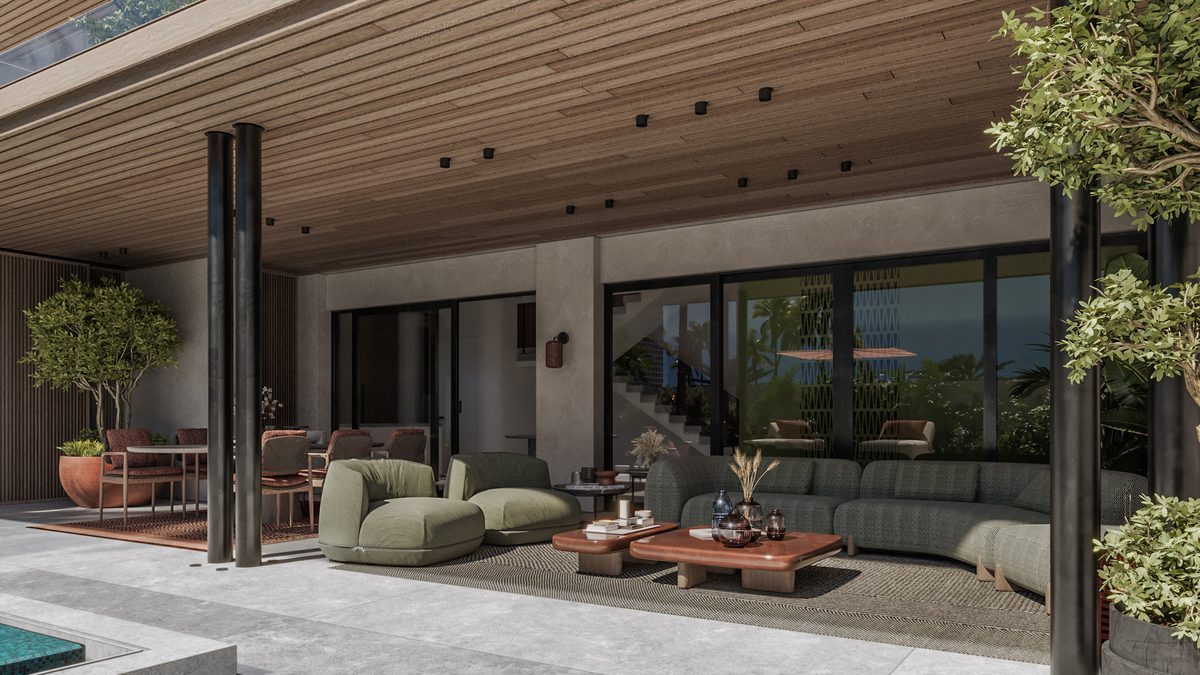 Almaza Villa — Sliding glazing allows indoor and outdoor seating to work together when the house is open.