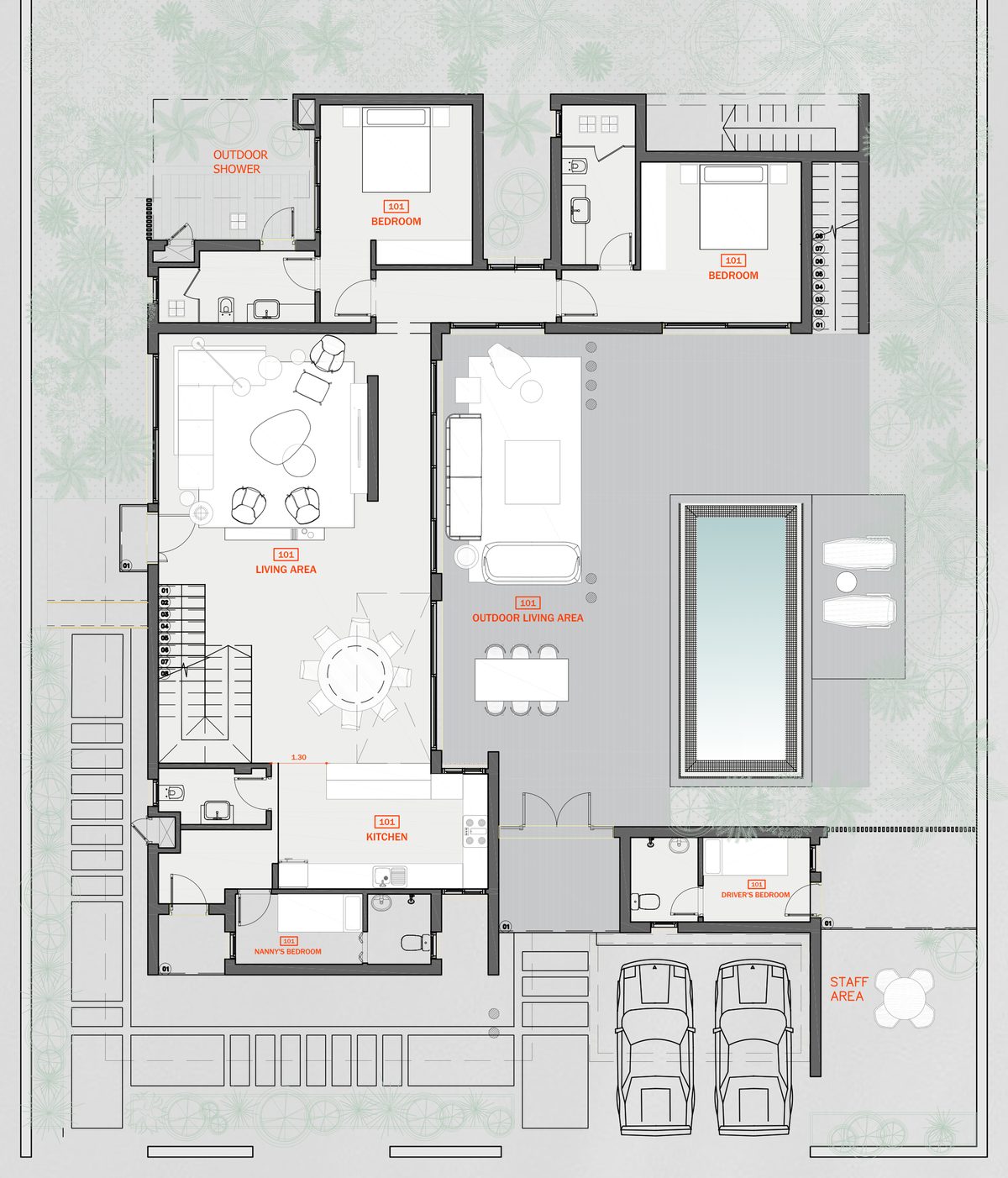 Almaza Villa — Ground floor — living spaces face the pool court, with vehicle access and staff accommodation kept towards the street.
