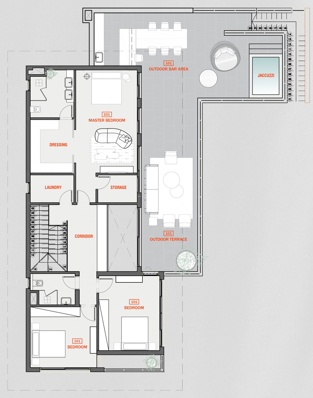 Almaza Villa — First floor — bedroom suites share access to a terrace with its own pool and outdoor dining.