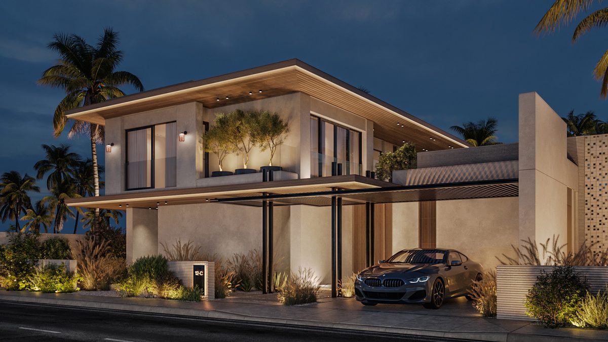 Almaza Villa — The upper floor shelters the entrance, allowing the house to meet the street through a deep recess.