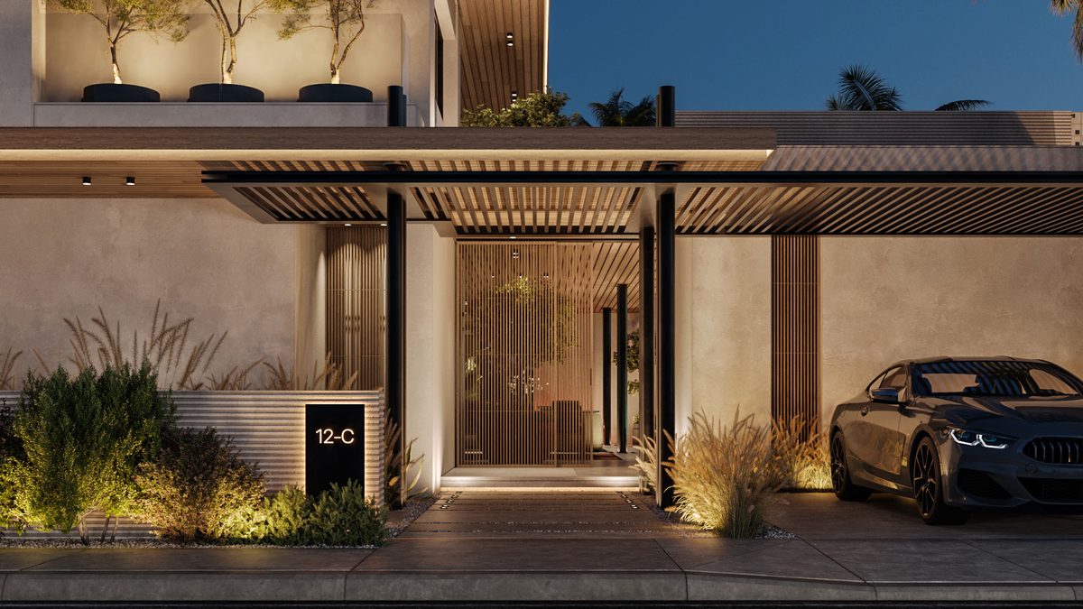 Almaza Villa — The lit recess makes the front door legible beneath the wider canopy.