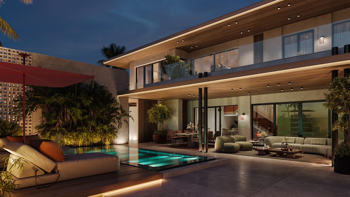 Almaza Villa — The pool court remains the point of connection between the two wings after dark.