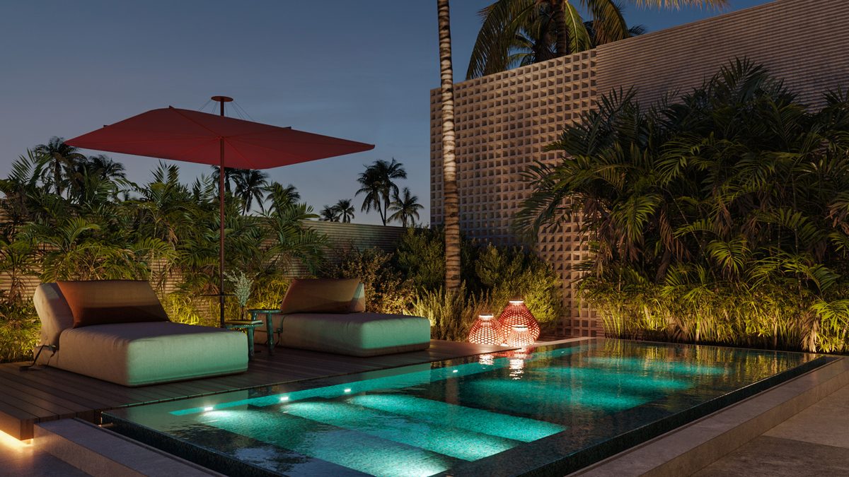Almaza Villa — Illuminated steps make the pool's changes in depth visible from the surrounding terrace.