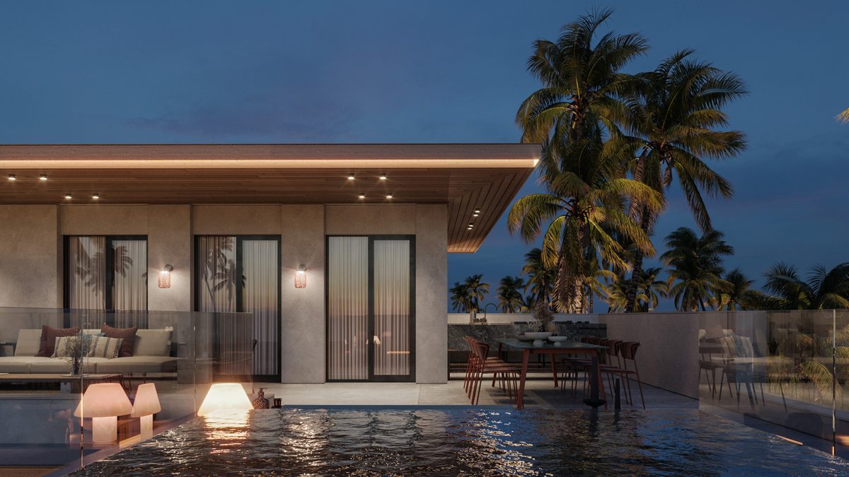 Almaza Villa — Dining and lounge seating share the upper terrace, extending its use beyond the bedrooms.