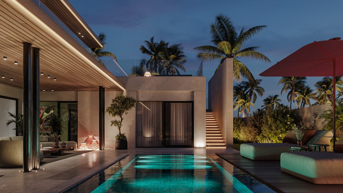 Almaza Villa — An outdoor stair connects the pool court to the upper terrace without passing through the house.