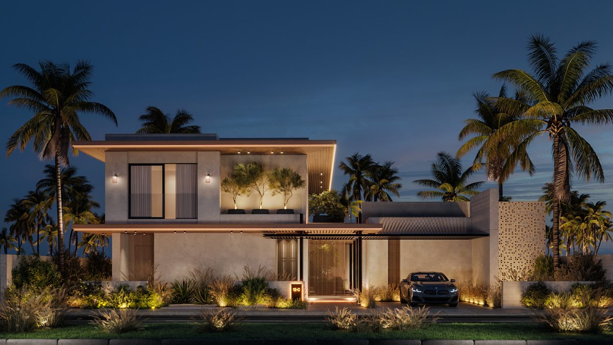 Almaza Villa — Lighting distinguishes the entrance and planted edges from the quieter upper façade.