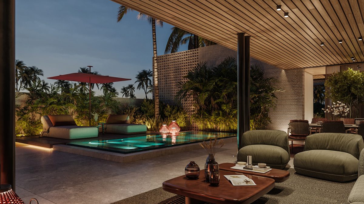 Almaza Villa — Light is concentrated around seating and circulation, retaining a quieter edge to the garden.