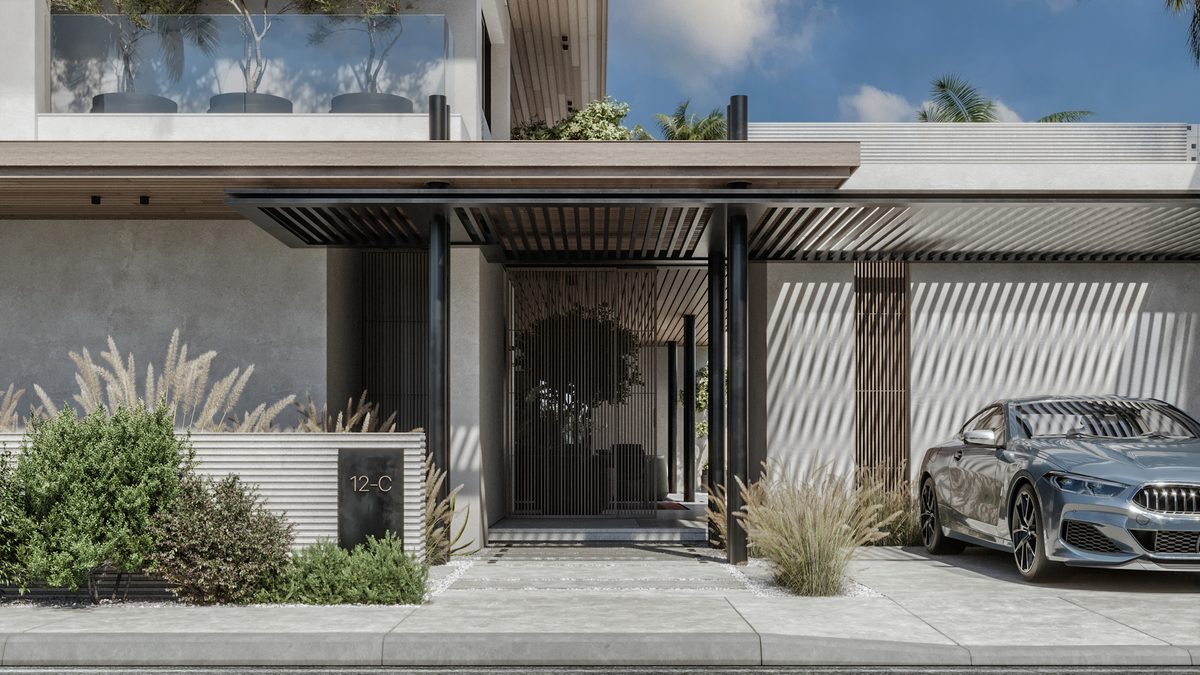 Almaza Villa — A screened threshold separates the front door from the driveway without enclosing the approach.