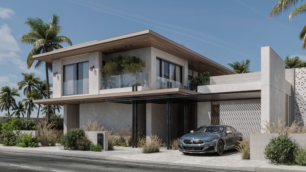 Almaza Villa — The projecting floor brings the car court and entrance beneath the same shelter.