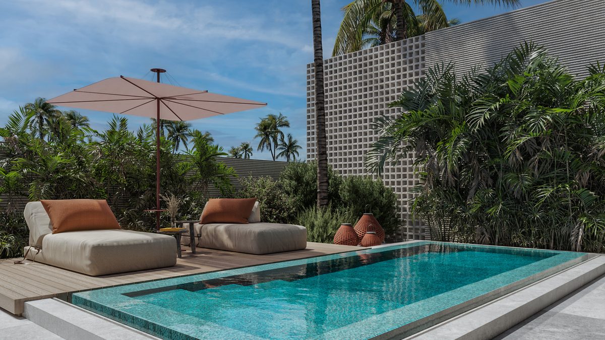 Almaza Villa — A perforated boundary provides enclosure without making the pool court a solid-walled room.