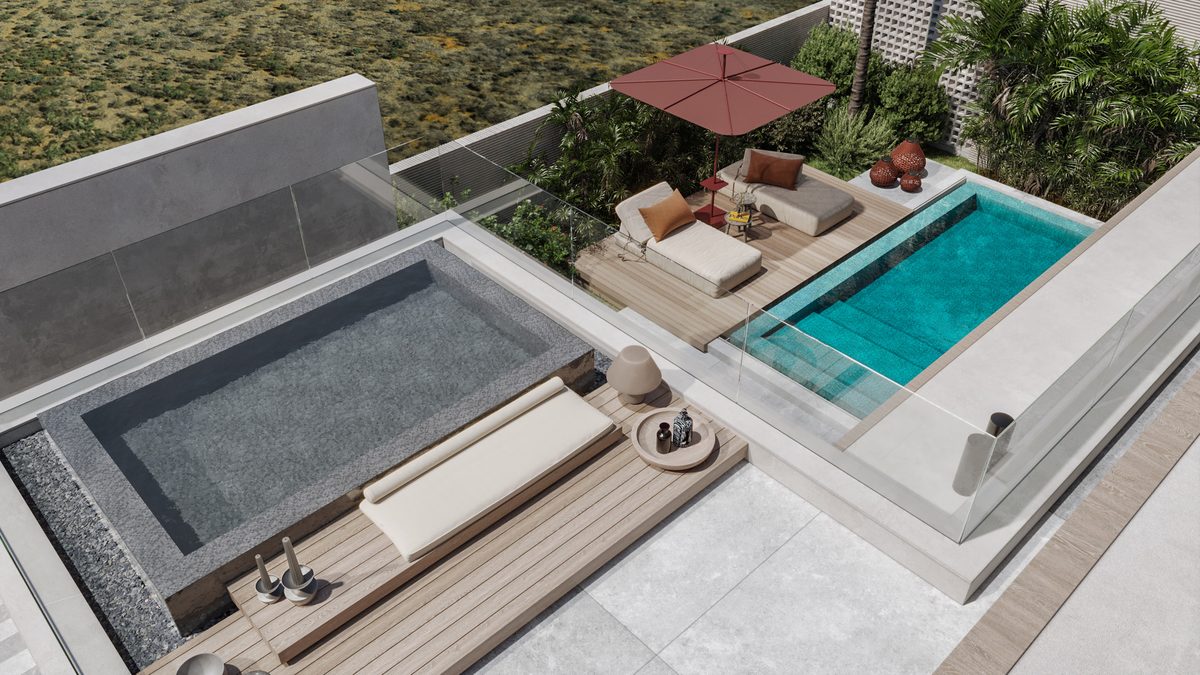 Almaza Villa — The terrace balances places to sit beside the water with an open route between them.