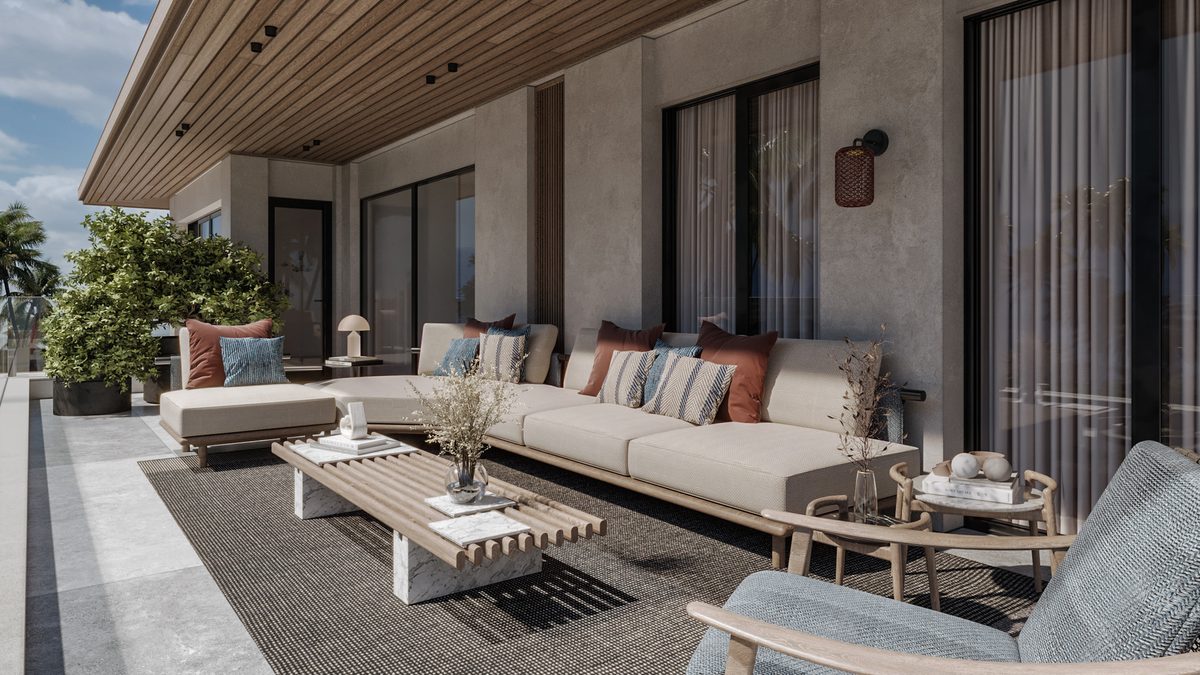 Almaza Villa — A continuous overhang makes room for several seating groups along the bedroom frontage.
