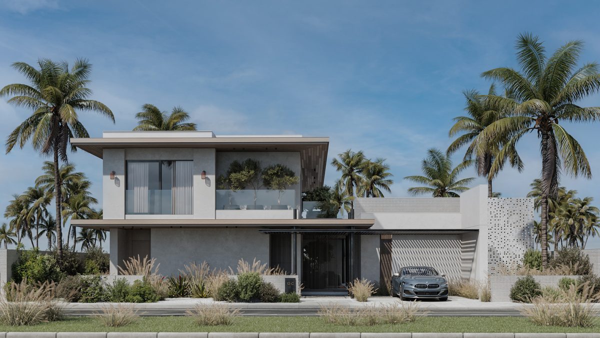 Almaza Villa — A low street frontage keeps the scale domestic while the house extends towards the pool behind.
