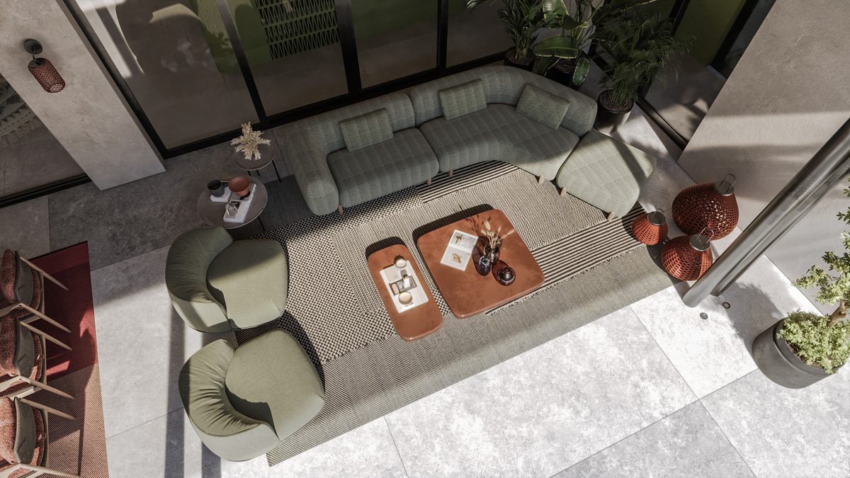 Almaza Villa — Furniture defines a gathering area while leaving a clear route along the terrace.