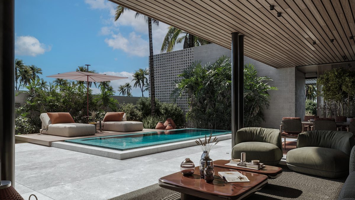 Almaza Villa — The covered lounge occupies the transition between the enclosed rooms and the open pool deck.
