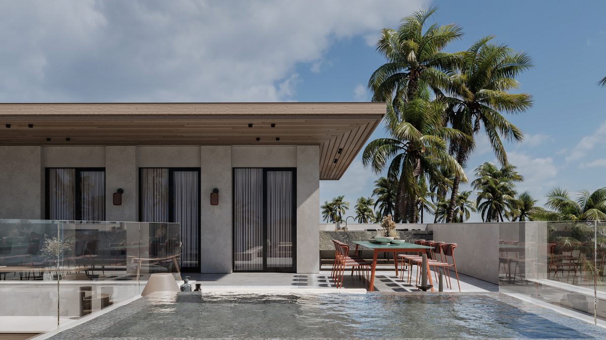 Almaza Villa — The upper terrace offers a second outdoor setting, separate from the main pool court.