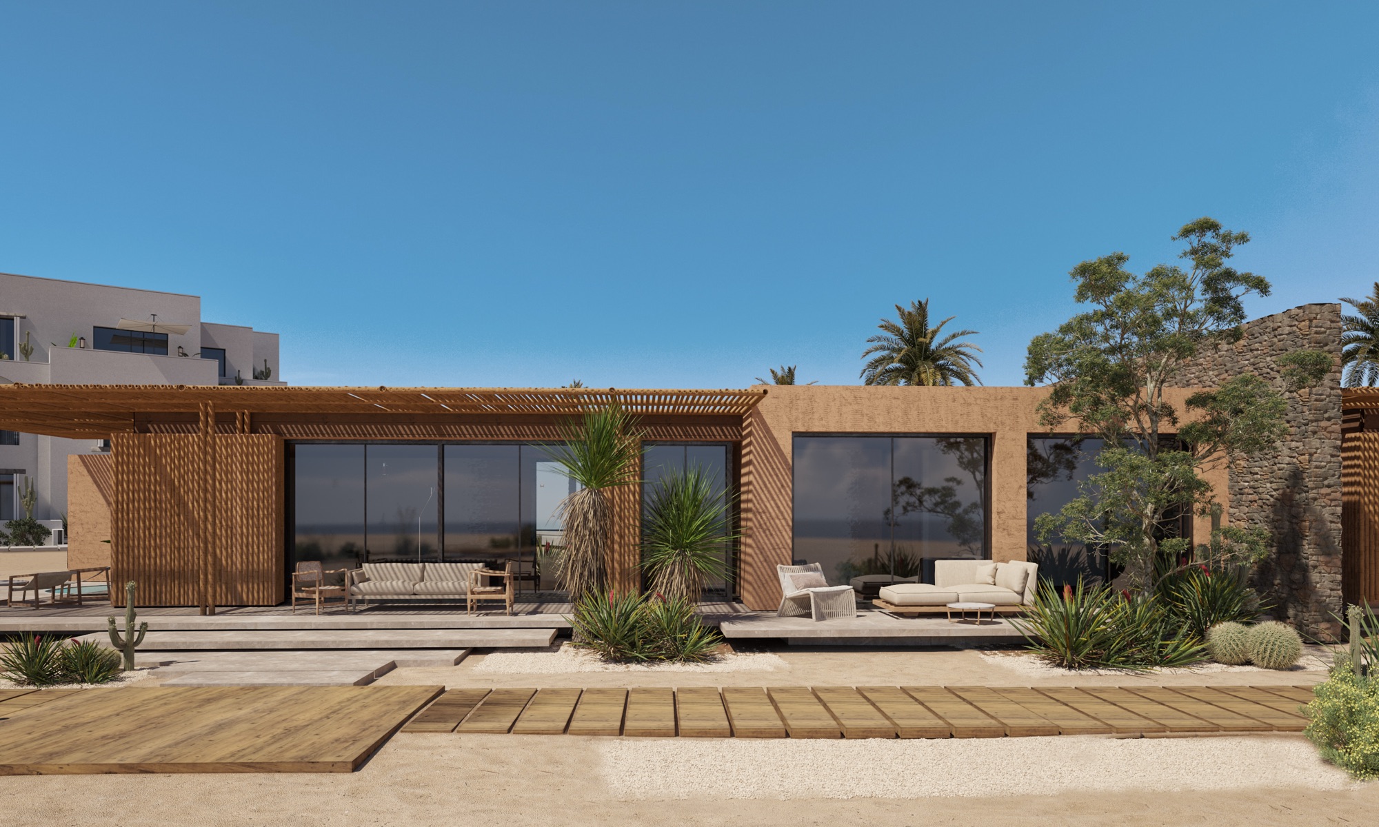 Can Limon, Kai Sokhna — Render — beach chalets with timber screens