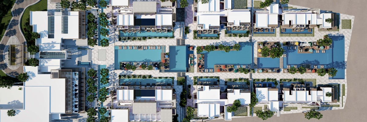 Costa Mares — A sequence of pools and crossings organises movement through the long resort plan.
